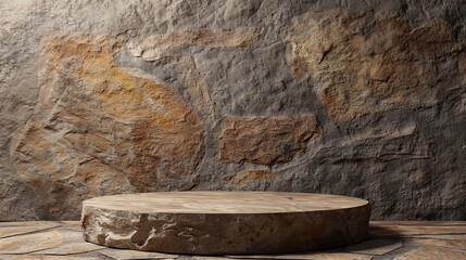 Wall Mural - Empty brown round stone round platform podium for cosmetics or products on rock stone background