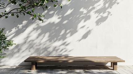 Poster - Empty natural wood table standing near white wall with plants leaves and shadows outdoors. Brown tabletop with copy space for product advertising mockup. Terrace, balcony, backyard in sunny day