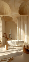 Wall Mural - Modern minimalist beige bathroom interior, modern bathroom cabinet with interior plants, bathroom accessories