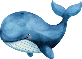 Sticker - Charming watercolor illustration clipart of a single cute blue whale, designed in kids art style with neutral colors, isolate on white background