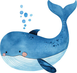 Wall Mural - Charming watercolor illustration clipart of a single cute blue whale, designed in kids art style with neutral colors, isolate on white background