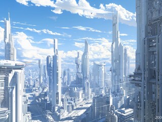 A futuristic cityscape with towering skyscrapers under a clear blue sky, modern architecture, clean lines, minimalistic style, highly detailed