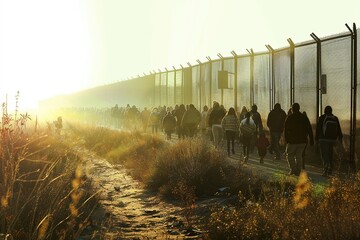 endless queue of people along a high border fence, immigration or escape, fictional place and destination of the queue