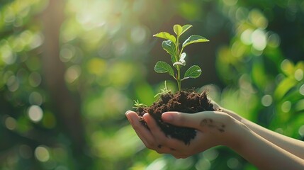 Poster - environment Earth Day In the hands of trees growing seedlings. Bokeh green Background Female hand holding tree