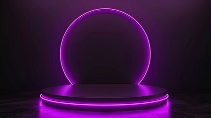 Wall Mural - purple light round podium and black background for mock up, HD , copy space, generative ai