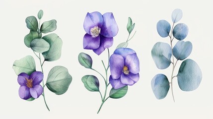 Wall Mural - Set of watercolor hand painted eucalyptus leaves and purple saffron flowers.
