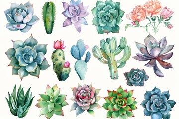 Wall Mural - With eucalyptus leaves and succulents, this watercolor set is modern and elegant.