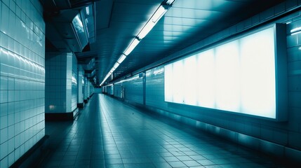 Poster - Advertise on a blank billboard located in an underground hall or subway. Mock up concept, low light shutter speed