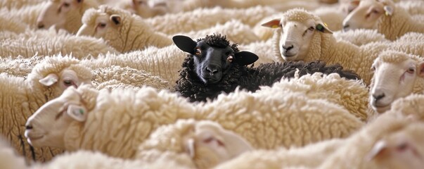 Black sheep standing out in a flock of white sheep; odd one out, individuality, uniqueness, diversity, outlier.