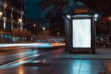 Poster - An advertisement lightbox or display at a bus stop at night in Barcelona, Spain