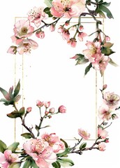 Wall Mural - Pink flower and almond leaf watercolor frame.