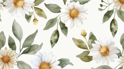 A watercolor seamless pattern of chamomile flowers and leaves isolated on white.