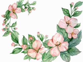 Canvas Print - Modern watercolor card with pink flowers and green leaves.