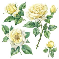 Wall Mural - This watercolor set features green eucalyptus leaves and roses.
