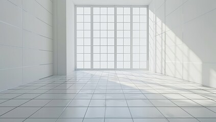 Poster - Detailed rendering of a white tile floored toilet room in 3D.