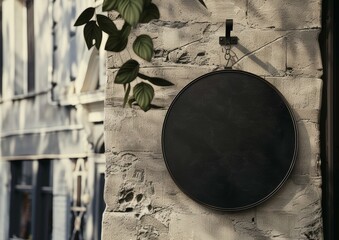 Poster - a mock-up of a circular store brand sign board. empty shop frontage in the street.