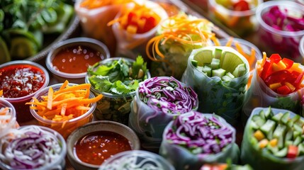 a colorful assortment of fresh summer rolls with dipping sauces