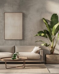 Wall Mural - Interior of luxury modern light living room, beige empty walls mockup, 3D rendering