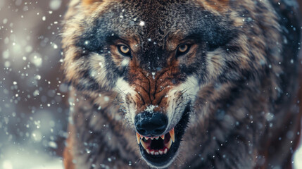 Wall Mural - Aggressive wolf with its mouth open and teeth bared, looking at the camera