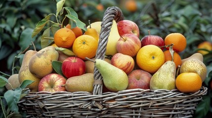 Poster - A basket overflowing with crisp apples pears and juicy oranges freshly picked from nearby orchards.