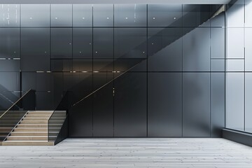 Poster - The interior of a building hallway, featuring a glass door and wooden flooring. This is a 3D rendered rendering of modern architecture and design.