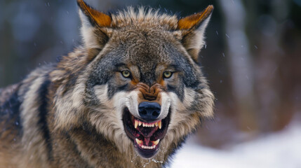 Wall Mural - hungry wolf with its mouth open and teeth bared going to attack
