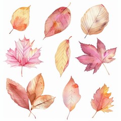 Wall Mural - White background with watercolor autumn leaves.