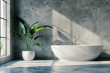 Poster - In this 3d rendering, we see a polished white bathtub with a back faucet in a bright bathroom, framed by beige walls and white ceiling.