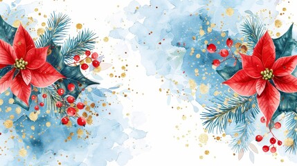 A watercolor modern Christmas background with poinsettia flowers, pine tree branches, holly, red berries, golden splashes. Best for wallpaper, banners, wall arts, and decorations.