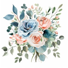 Wall Mural - Hand drawn watercolor modern floral bouquet. Dusty blue, pink flowers and branches. Winter blossom flower gentle clip art. Arrangement for wedding.