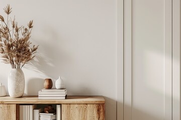 Wall Mural - Interior of a cozy living room with a sideboard, decorations, and books. A mock-up of the wall design is shown here.