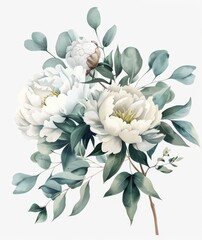 Poster - Modern watercolor flowers. White roses and eucalyptus branches. Wedding stationary, greetings, wallpaper, fashion, home decoration. Hand painted illustration.