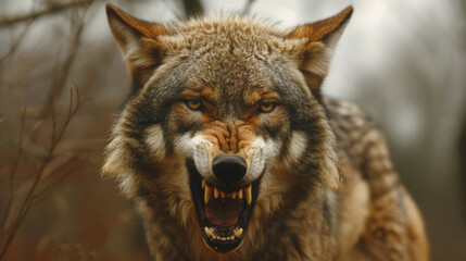 Wall Mural - A wolf with its mouth open and teeth bared going to bite