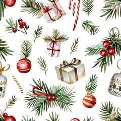 Poster - Seamless watercolor pattern of fir branches, gifts and cones for Christmas.