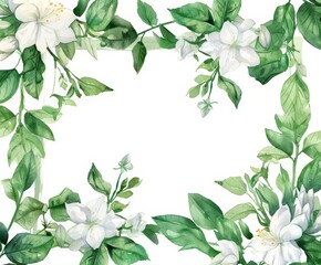 Wall Mural - A modern watercolor frame of jasmine and mint branches on a white background.