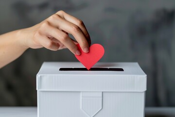 Sticker - Female hand put red paper heart into slot of white donation box. Charity, donation, election, fundraising, help, love, gratitude concept