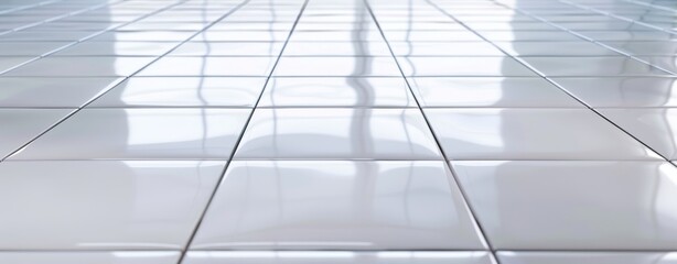Poster - 3D rendering of a white tile floor background in perspective view. The background is clean, shiny, and symmetric with grid lines. It can be used to display products in bathrooms, laundry rooms, and