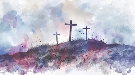 Wall Mural - Crosses of Jesus Christ on the hill. Digital watercolor painting.