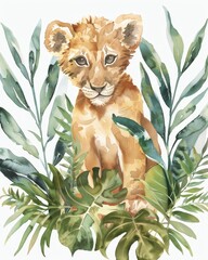 Wall Mural - Tropical leaves and leopard isolated on white on watercolor modern card.