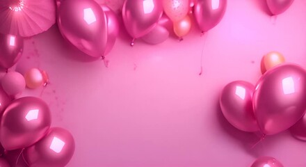 Wall Mural - Pink festive birthday party background with balloons confetti Party or birthday celebration copy space template 4k