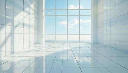 Poster - An empty toilet room with a white tile floor is rendered in 3D.