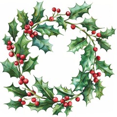Wall Mural - A modern watercolor Christmas wreath with green branches and red berries.