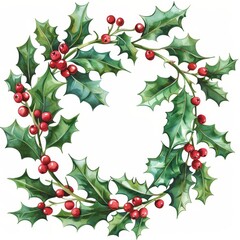 Sticker - A modern watercolor Christmas wreath with green branches and red berries.