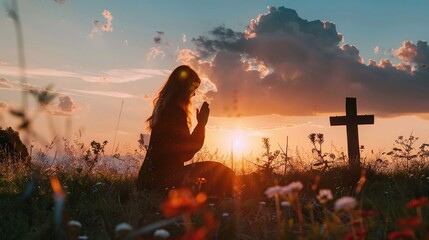 Wall Mural - Silhouette of a woman sitting on the grass praying in front of a cross at sunset