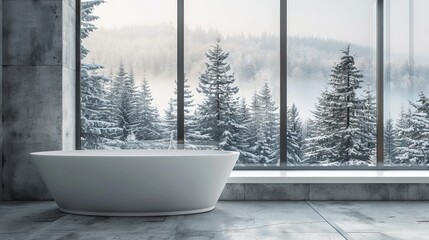 Wall Mural - The bathroom has a white and gray color scheme with a large panoramic window and winter wood behind it