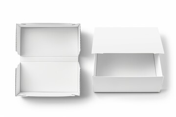 Mock-up of a white realistic cardboard box with paper and sticker on a light background. Business gift concept.