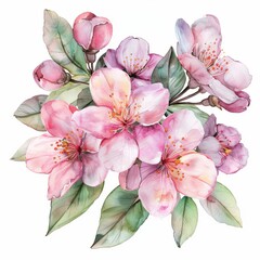 Wall Mural - Pink flowers and almond leaves are depicted in watercolor on a modern wreath.