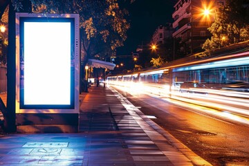 Poster - Night shot of a luminous advertising lightbox at a Barcelona bus stop