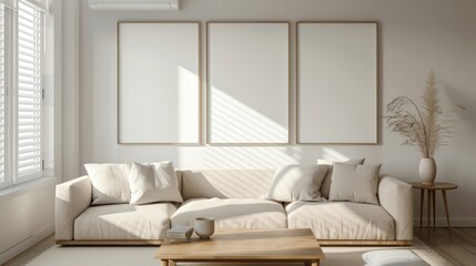 Wall Mural - The blank canvas mockup depicts an interior with a beige sofa, wooden floor, wall panel, and cactus, rendered in 3D