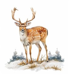 Poster - A modern watercolor Christmas card with deer and a landscape.